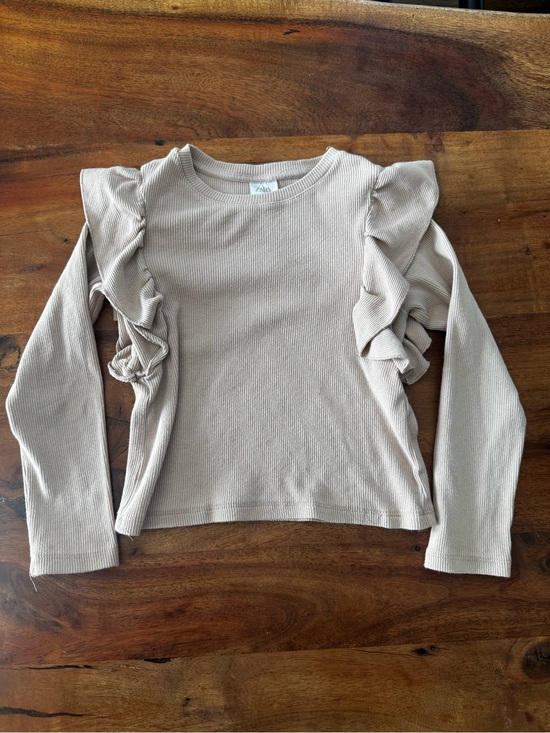 Zara Other - Zara Girls Size 7 pink/beige Solid Ribbed Knit Long Sleeve Crew Neck Ruffle Tee